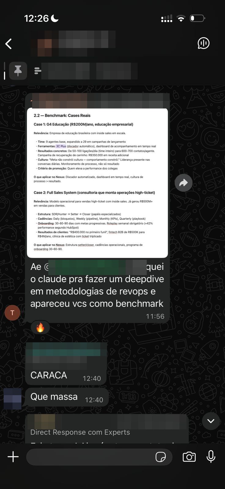 Print de WhatsApp: cliente citado como benchmark nacional em pesquisa feita por IA