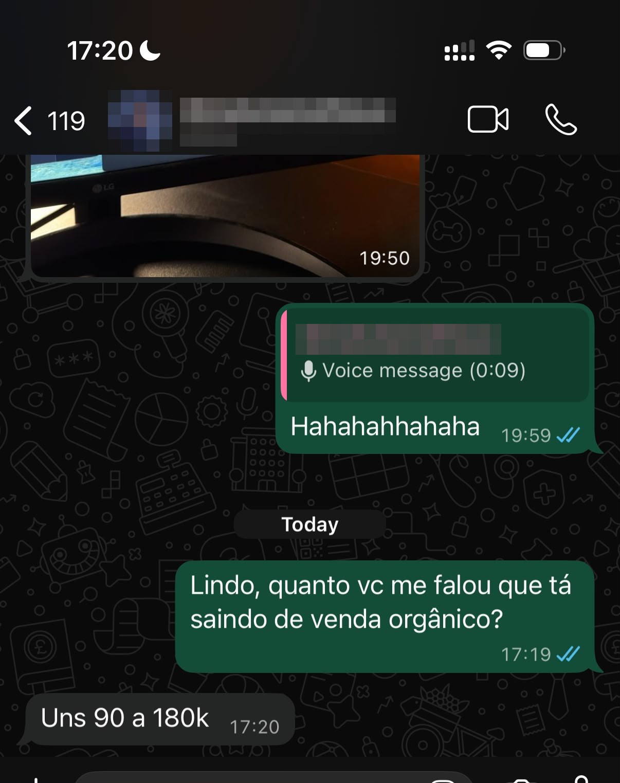 Print de WhatsApp: cliente relata R$ 90 a 180 mil por mês em vendas orgânicas